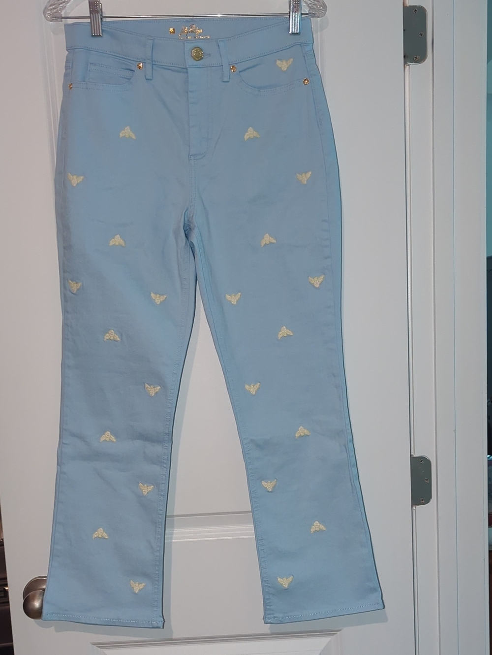 Lilly Pulitzer Light Blue Flare Jeans with Cream Embroidered Motifs